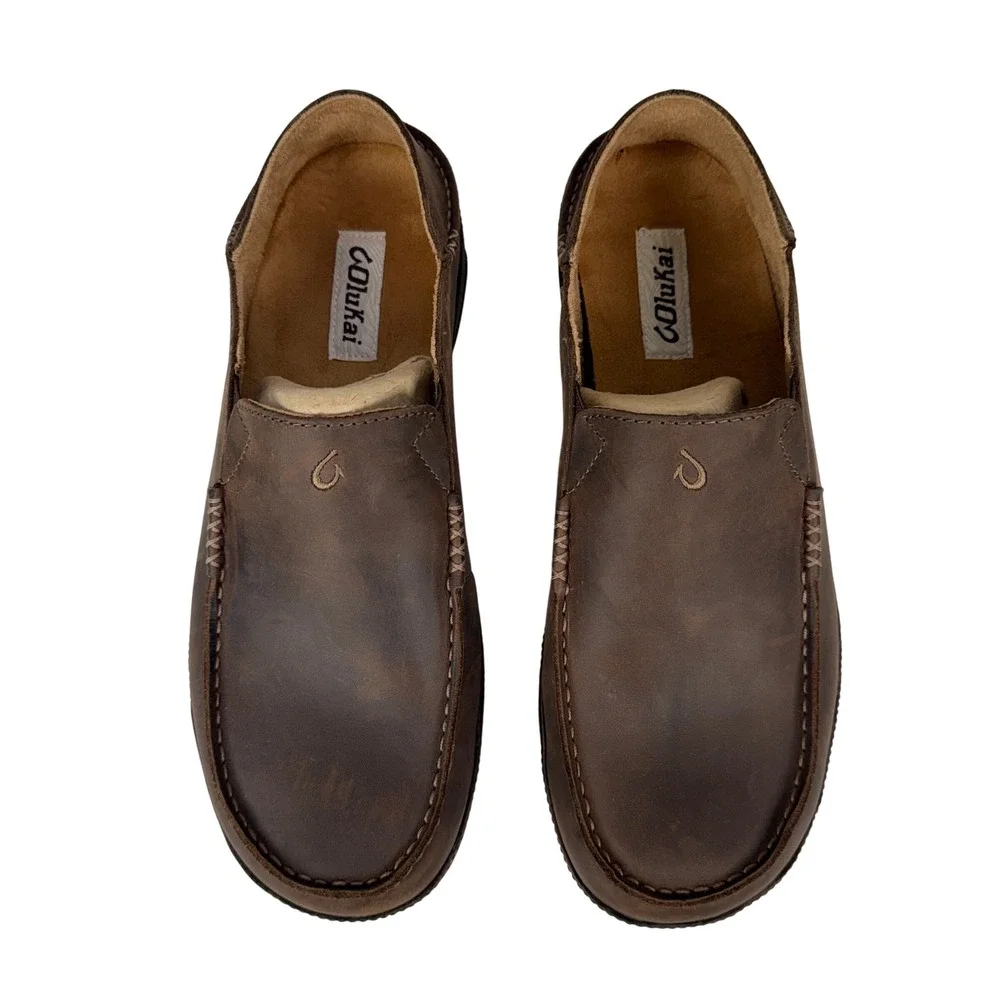 Olukai Moloa Slip On Loafers Mens 11.5 Dark Wood Brown Leather Comfort Shoes